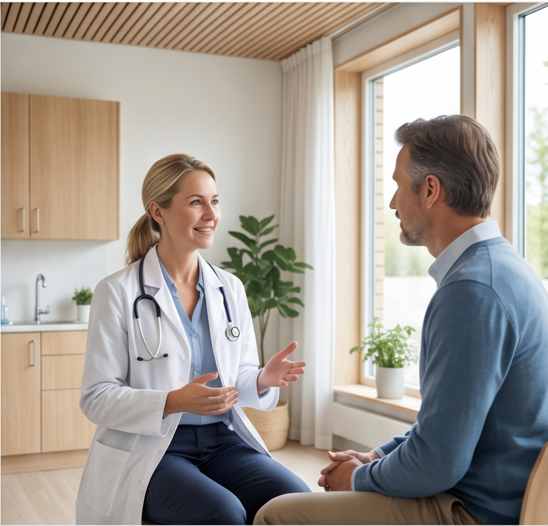 Specialist samtalar med patient i en ljus klinikmiljö